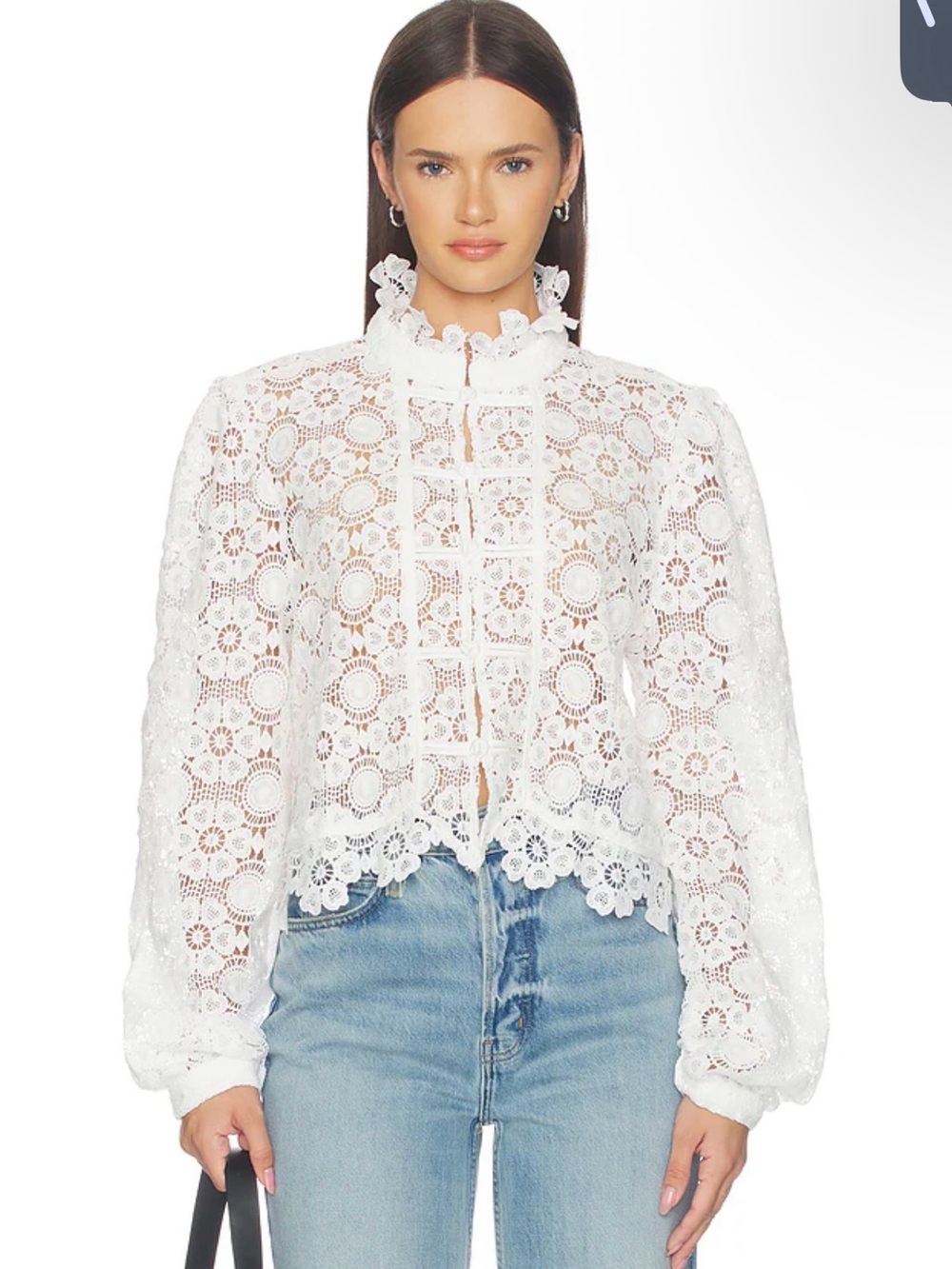 Lioness Overtime Blouse in Porcelain -White Floral Lace Ruffled High-Neck Blouse